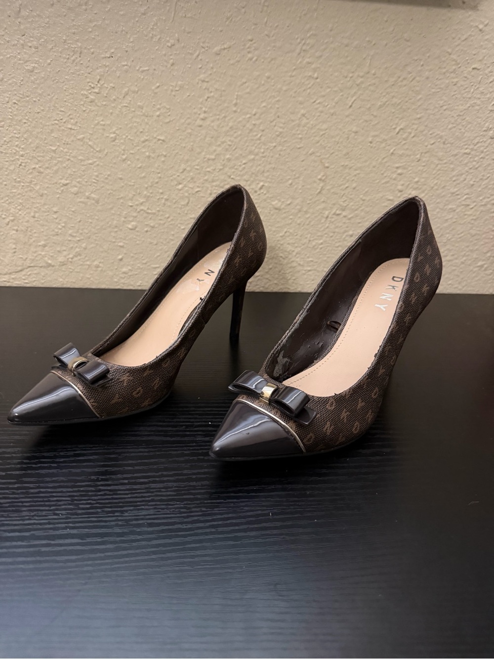 DKNY Brown Monogram Pointed Toe Bow Heels